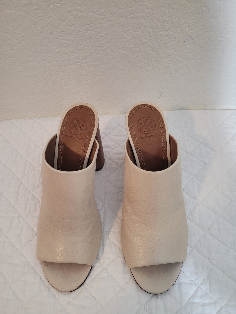 Tory Burch Raya Mule Sandels Yvory Cream Leather Peep Toe Shoes Size 9.
